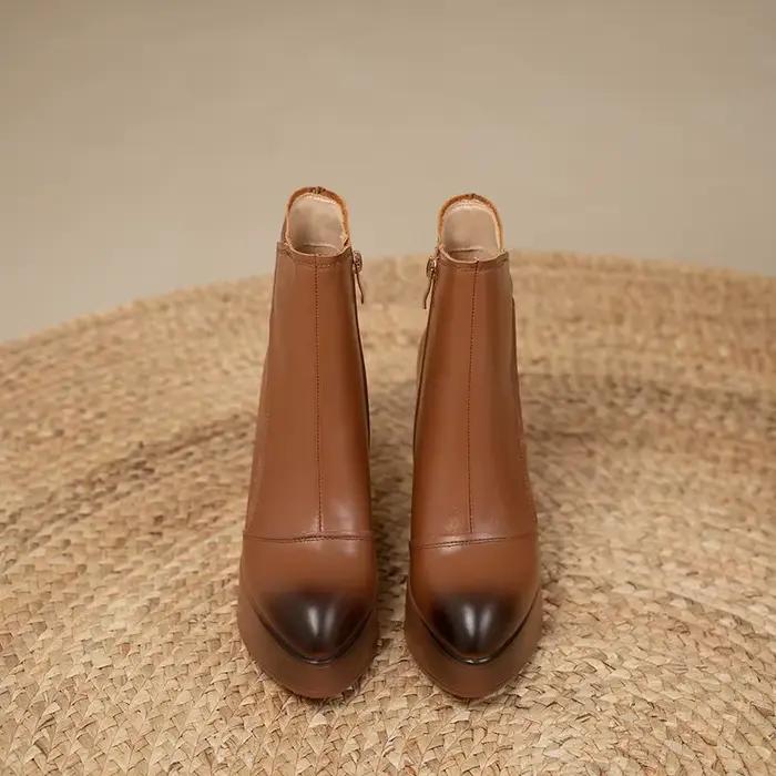 MKKBathroom-Bottes courtes en cuir pour femmes, bottes compensées pointues, bottes de rinçage décont