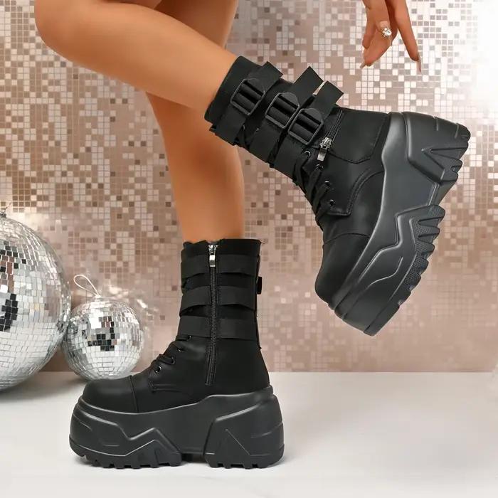 Boucle de ceinture cheville moto bottes plate-forme bout rond hauteur augmentant à lacets mode conci