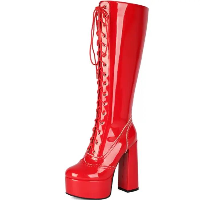 Bottes hauteur genou en cuir verni, unies rouge, blanc, rose, à lacets, chaussures sexy pour femmes,