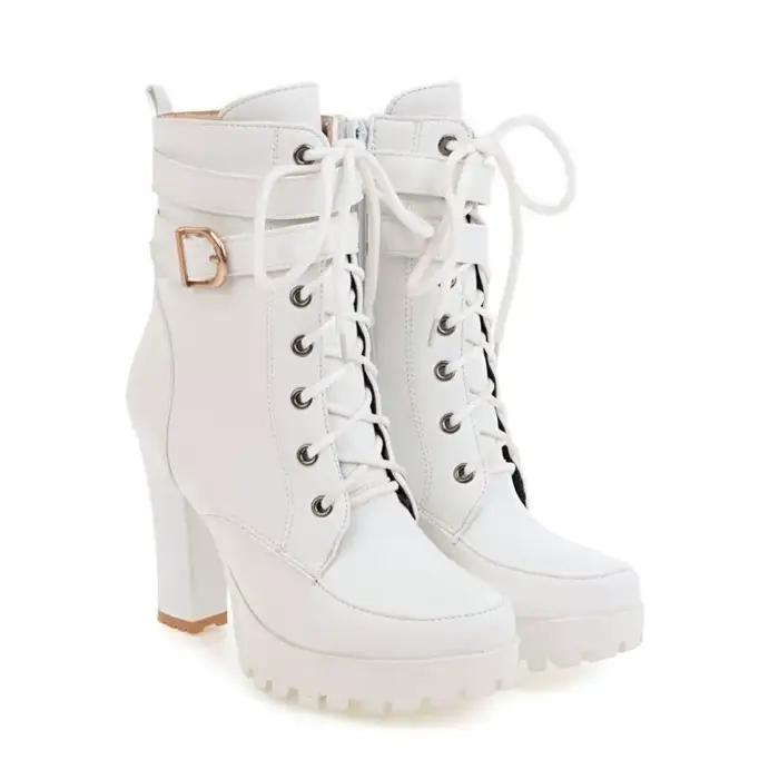 Bottines à talons hauts pour femmes, chaussures à lacets, plateforme, grande taille, à la mode, blan