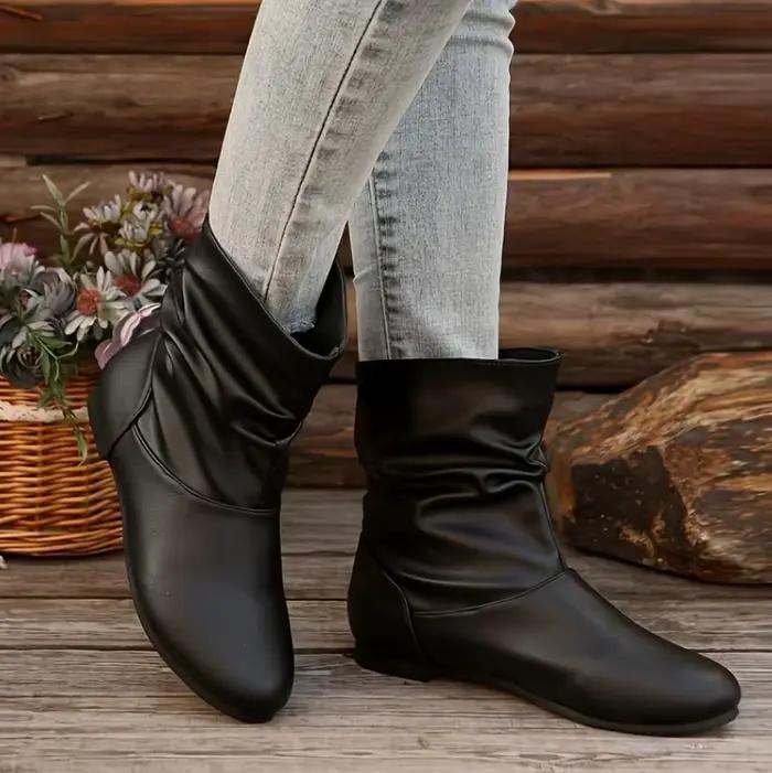 Bottines décontractées à talon plat pour femmes, couleur unie, confortables - Design plissé, modèle 