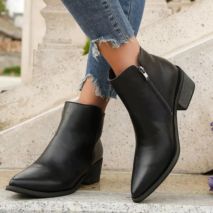 Automne femmes bottines Style rétro bout pointu bottes en cuir solide court baril talon épais bottes