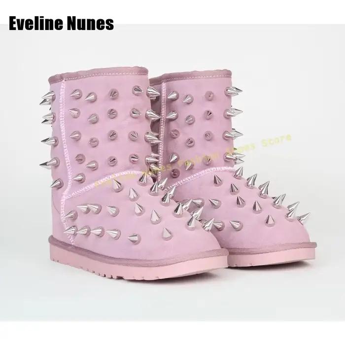 Femmes mode Cool mi-mollet botte hiver 2025 tendance noir Rivet Spike Punk bottes de neige bout rond