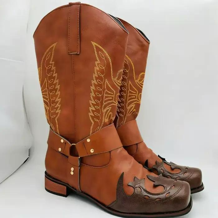 Bottes pour hommes bottes de cowboy en cuir rétro broderie boucle sangle mi-mollet bottes en plein a