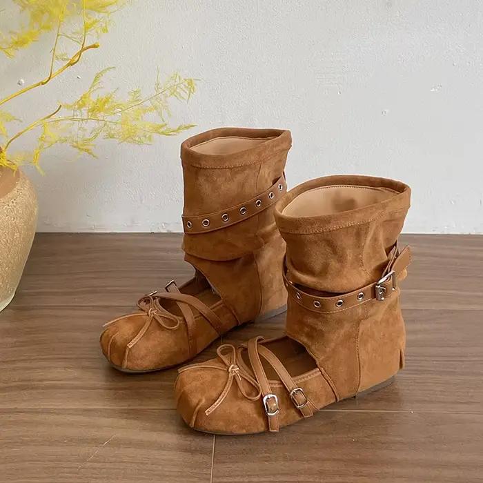 Bottes courtes vintage ajourées pour femme, style western, à enfiler, avec bride à boucle et talon c