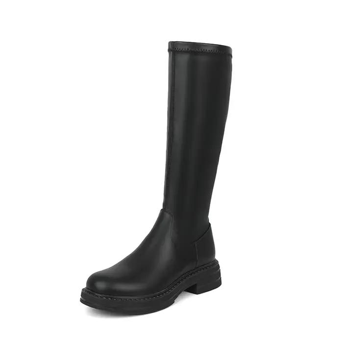 Bottines extensibles en PU souple, blanc, marron, bout rond, talons bas épais, plateforme, fermeture
