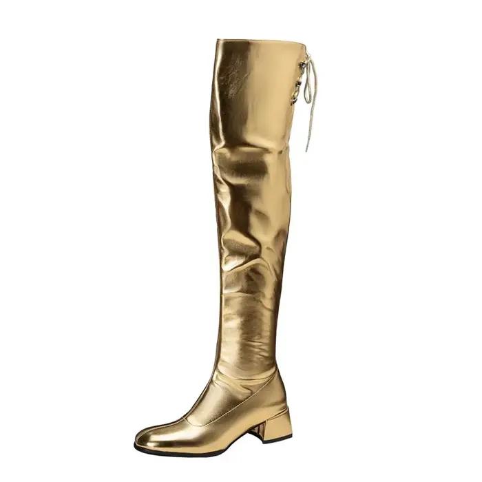 Chaussures or argent bottes au dessus du genou pour femmes bloc talon moyen fermeture éclair latéral