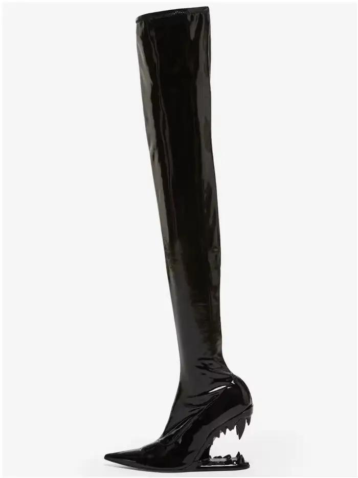 Bottes pointues à talons hauts en super fibre pour femmes, conception de dents de tigre, chaussures 