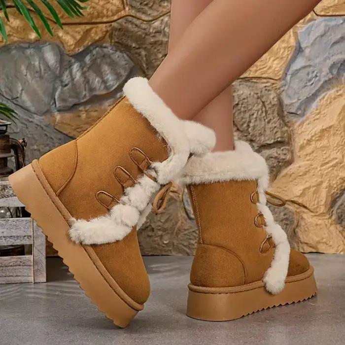 Bottes de neige rétro fourrées pour femme 2026, chaudes et épaisses en coton avec doublure polaire, 