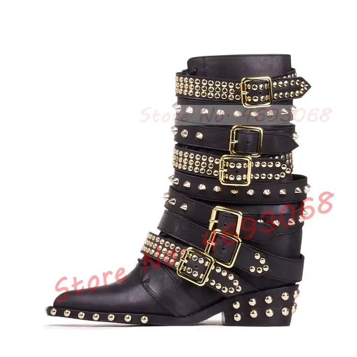 Bottines Gothiques à Bout Pointu et Boucles pour Femmes, avec Clous, Rivets et Sangles, Style Punk C