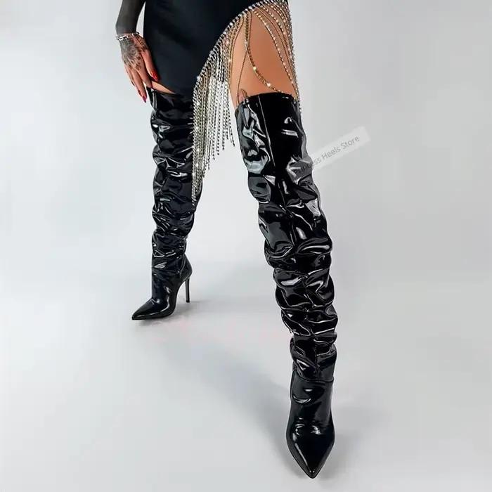 Bottes plissées en cuir brillant, bout pointu, talons aiguilles, fermeture éclair solide, cuissardes
