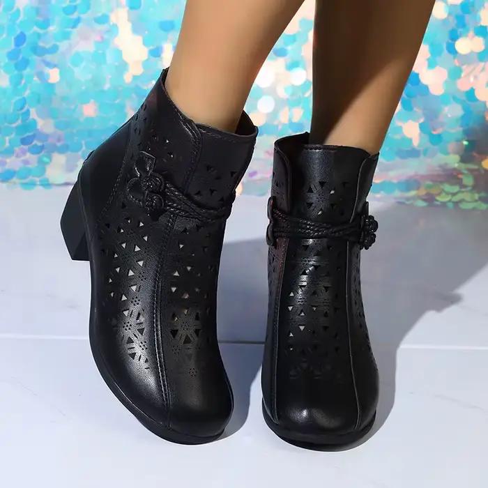 Bottines à talons mi-hauts et semelle souple ajourée pour femmes, chaussures rétro respirantes et co