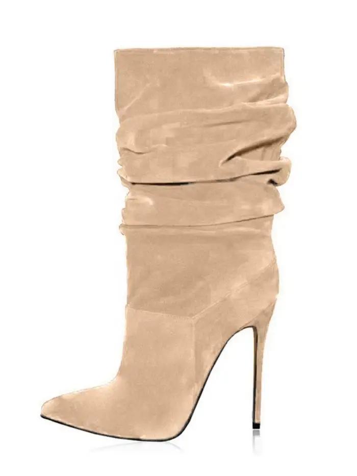 2025 mode bout pointu plissé talon aiguille genou bottes hautes extensible grande taille femmes bott