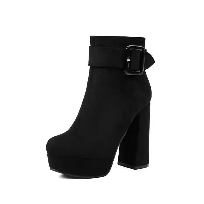Flock Faux daim rouge noir bout rond femmes chaussures large grande boucle ceinture bloc talons haut