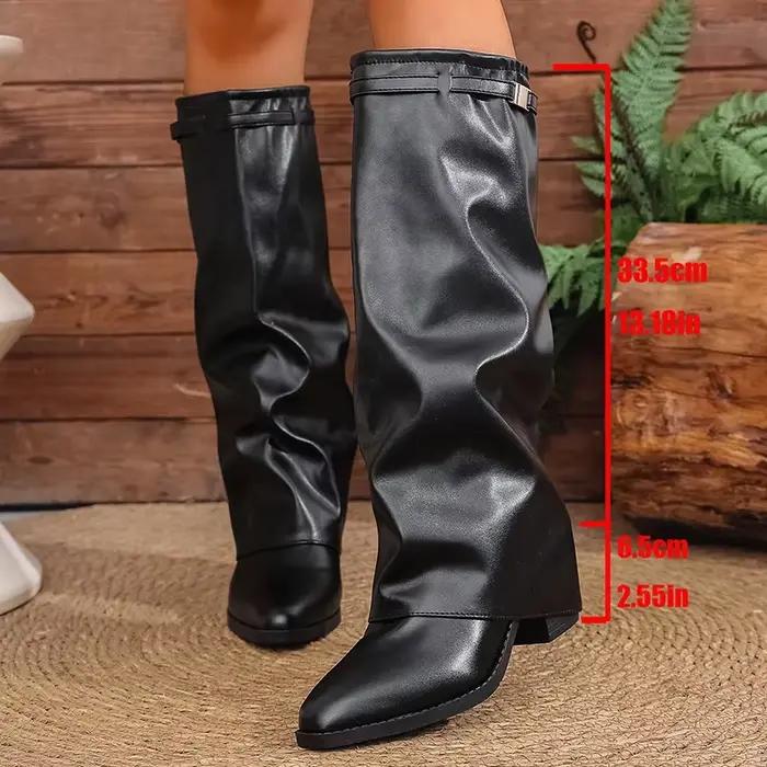 Mode pli sur genou bottes hautes pour femmes sans lacet gros talon haut requin bottes femme jambe la