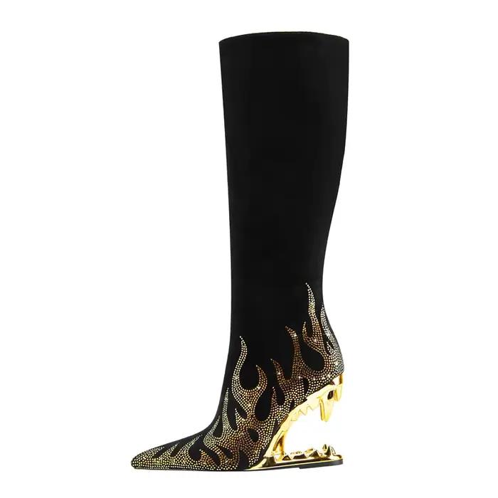 Nouvelles bottes pour femmes Kaky à talons hauts, à bout pointu, ornées de strass et de motifs dents