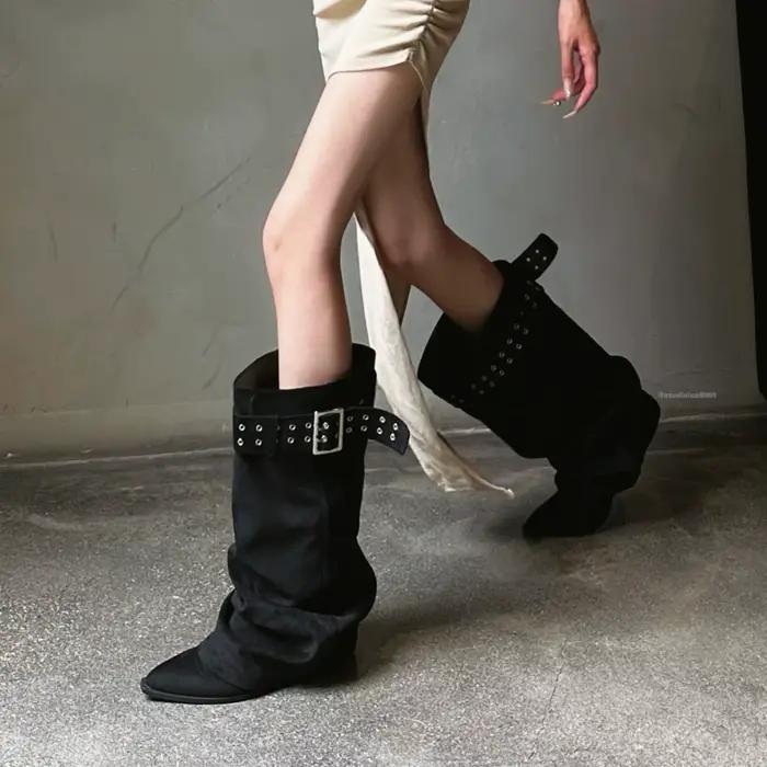 Bottes longues à bout pointu pour femmes, talon épais, style western, hauteur du mollet, semelle ext