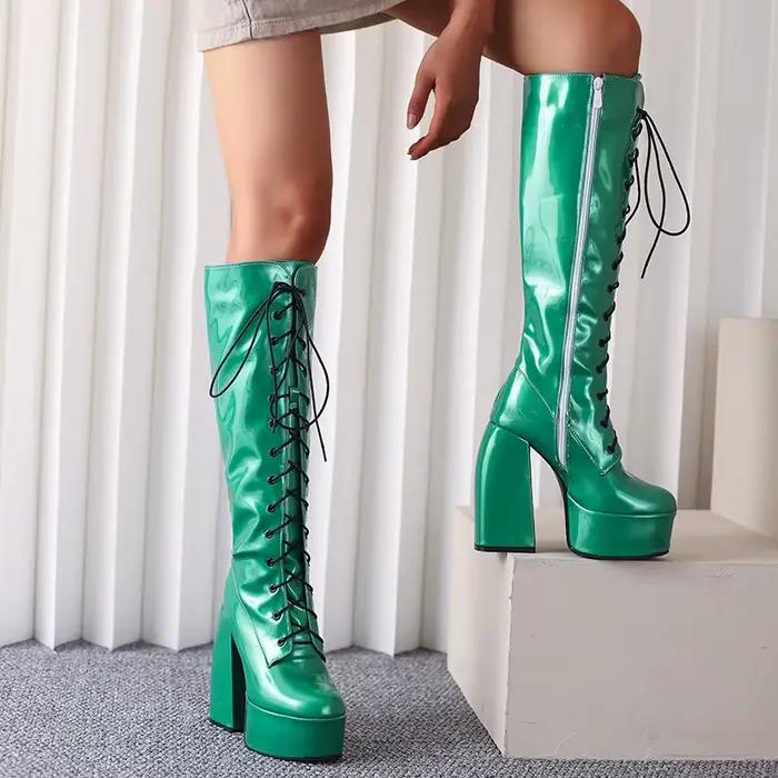 Bottes d'hiver en cuir verni coloré brillant pour femmes, bottes à talon très épais, laçage croisé, 