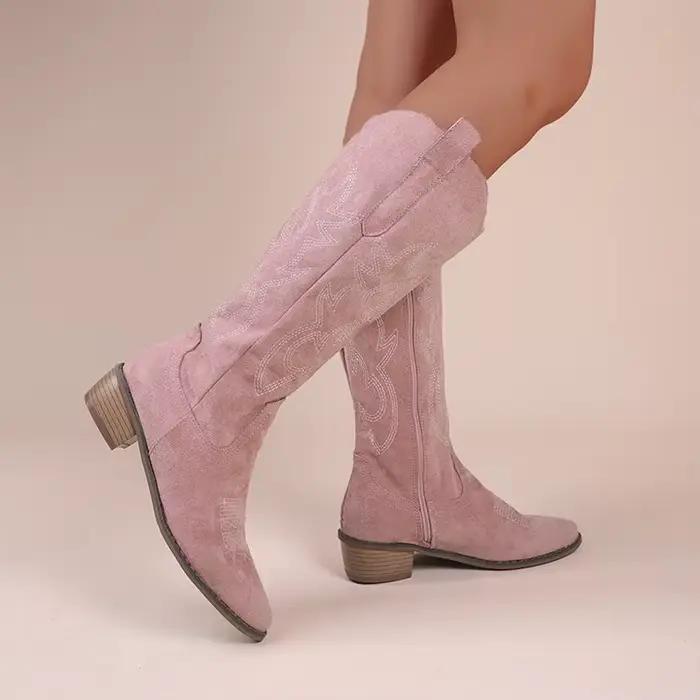 Bottines vintage brodées à découpe en V, bottes de cow-boy occidentales à talon bloc marron pour fem
