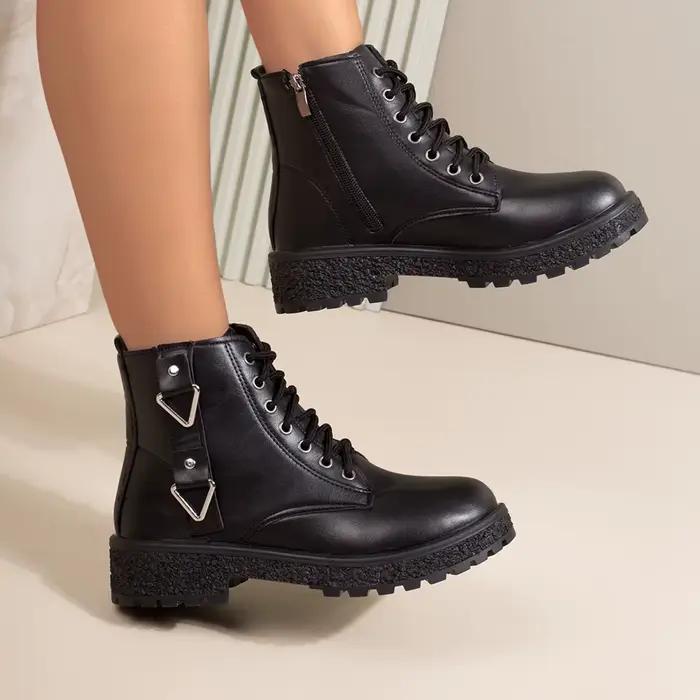 Bottes de combat noires à plateforme pour femmes, bottines d'hiver tendance avec boucle en cuir PU, 