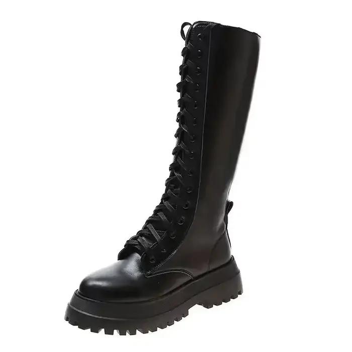 Femmes moto bottes compensées chaussures plates femme talon haut plate-forme en cuir PU bottes à lac
