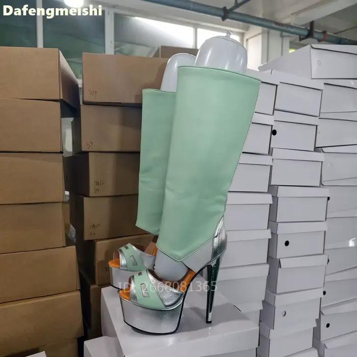 Bottes hautes pour femmes vert menthe argentées à bout ouvert, nouvelle mode 2026, à plateforme et t