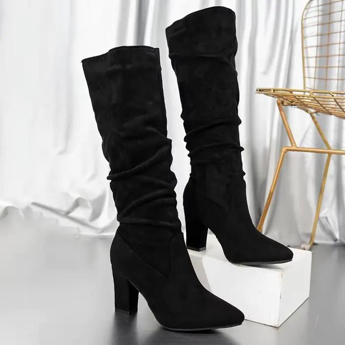 Femmes troupeau plissées talon haut épais mi-mollet bottes pour bureau en plein air soirée mariage B
