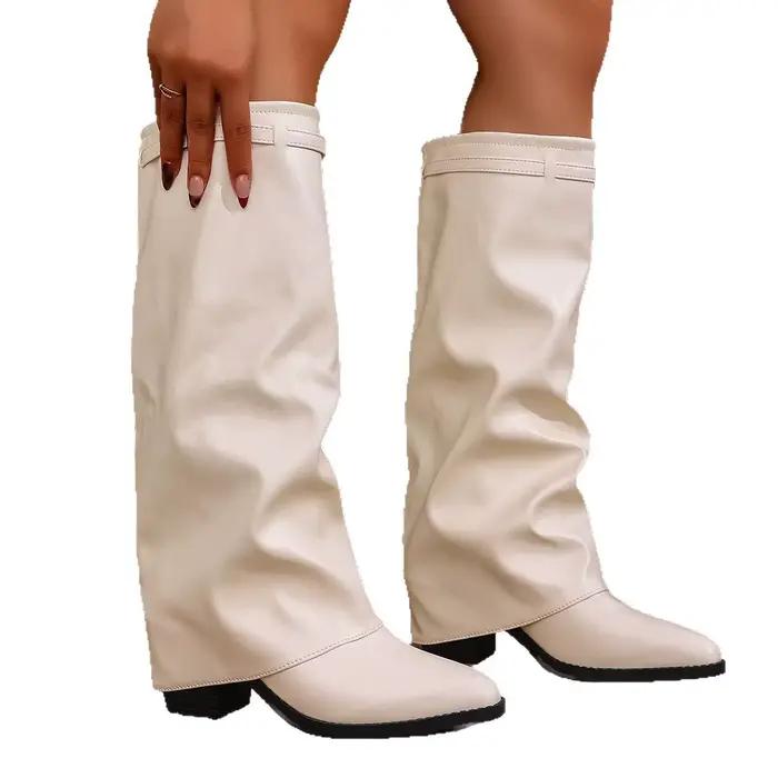 Bottes de mode à talons plissés, talon épais, grande taille, botte haute de Style britannique avec j