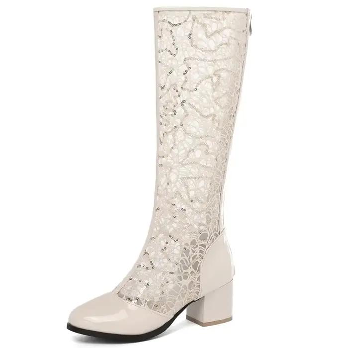 Printemps été femmes bottes mode genou botte haute fermeture éclair talons bas décontractés maille r