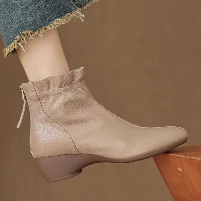 Bottines à talon compensé en cuir souple pour femmes, style rétro avec bordure à volants, bout rond,