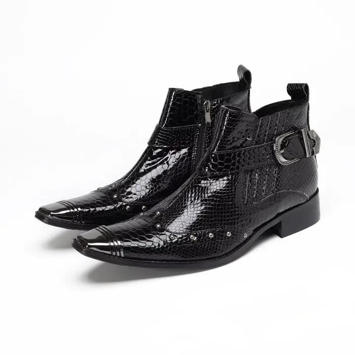 Bottes courtes brillantes à motifs de serpent pour hommes, avec boucle à rivets en métal, bottes cou
