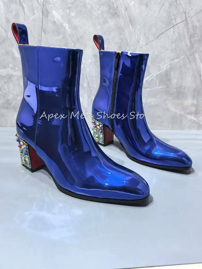 Bottines en cuir verni bleu nuit brillant, talons hauts, rivets colorés, bottes de travail pour homm
