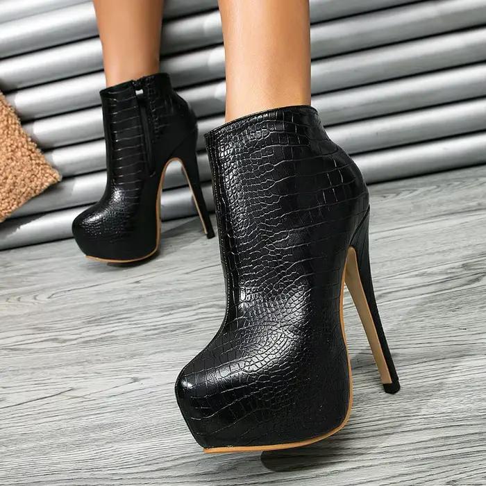 Grande taille 35-45 Sexy motif Crocodile femmes bottes bout rond côté fermeture éclair Super talons 