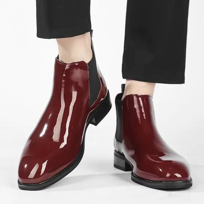 Bottines Chelsea pour hommes en cuir verni noir boucle cheville bout rond affaires classique à la ma
