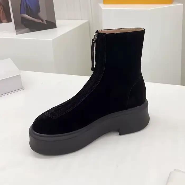 Nouvelles femmes avant fermeture éclair conception cheville Botas vache daim semelle épaisse couleur