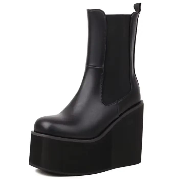Bottes de rinçage à plateforme pour femmes, compensées noires et blanches, talons hauts, bottes goth