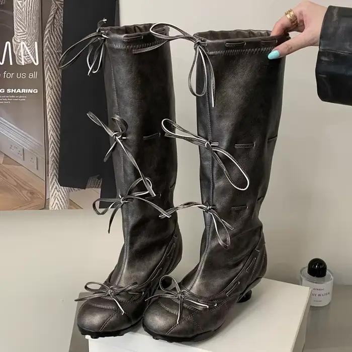 Eilyken – bottes hautes antidérapantes à talons bas pour femme, chaussures confortables avec nœud pa