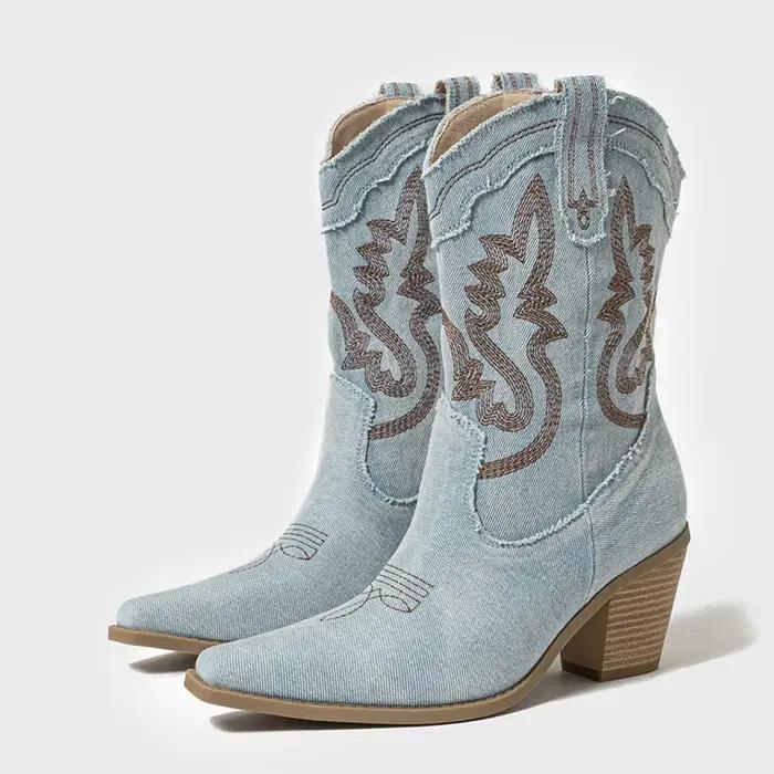 Liyke 2026 automne hiver confortable Western Cowboy bottes Vintage femmes broderie Denim talons haut
