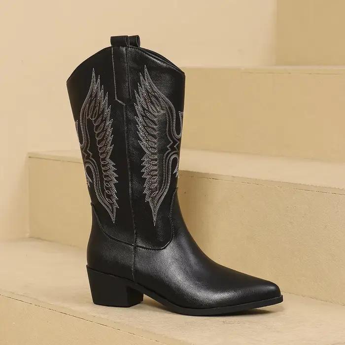 Bottes de cowgirl brodées au genou pour femmes, talons compensés, chaussures d'hiver, blanc, rouge, 