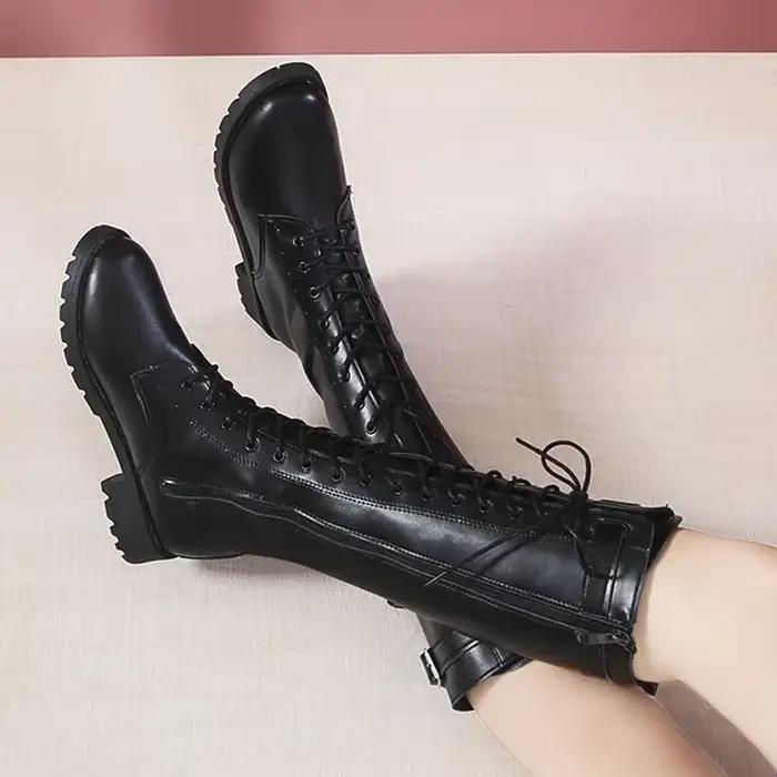 Bottes rétro noires à fond épais pour femme, chaussures hautes au genou, en cuir Pu, avec fermeture 