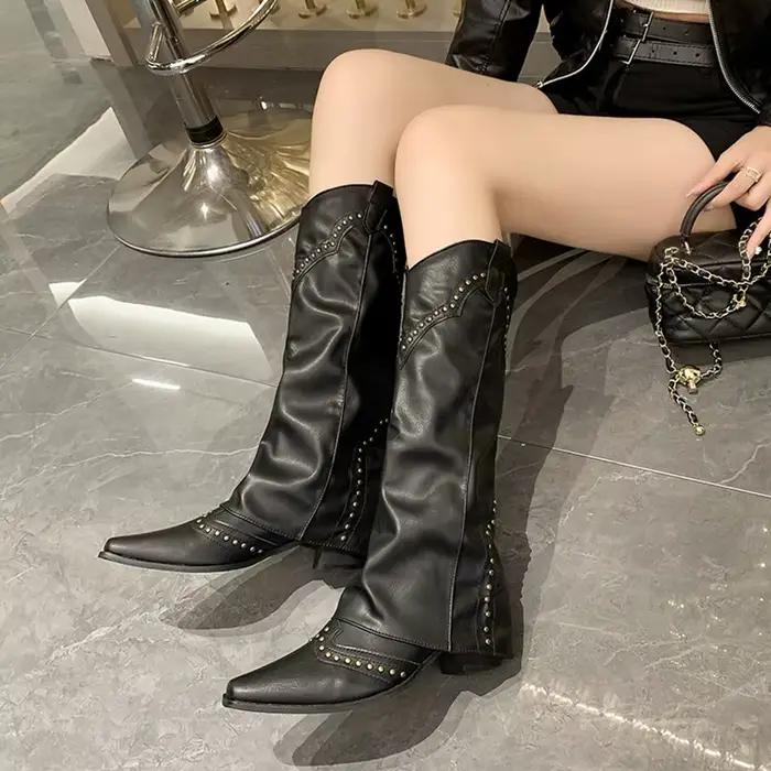 Femmes mi-mollet bottes femme rivet chaussures talon carré femmes 2025 automne botte dames Famale da