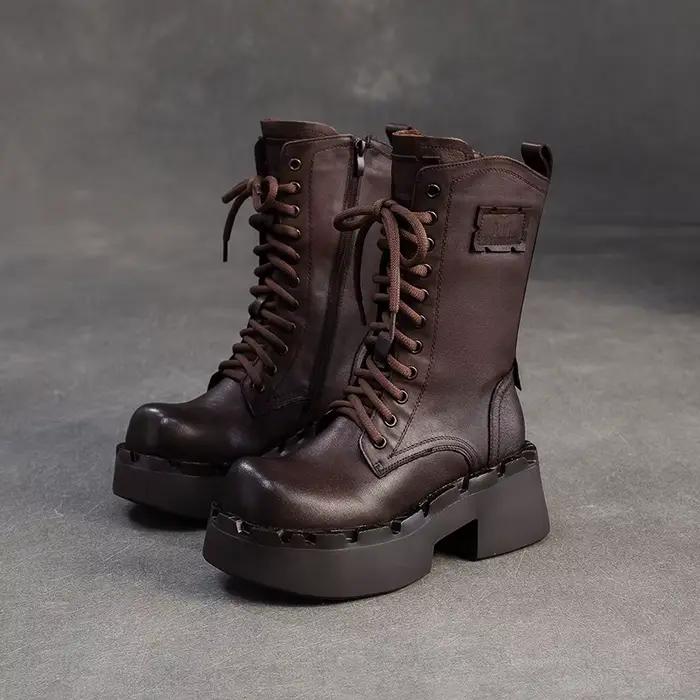 Bottines à talons hauts pour femmes, mi-mollet, hiver, bout large, cuir de vache véritable, talon ép
