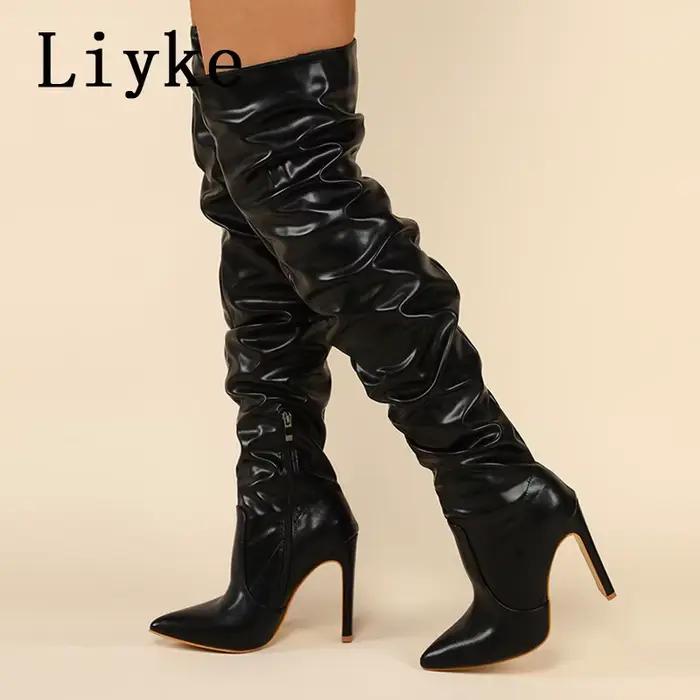 Liyke Design de mode en cuir plissé sur les bottes au genou Sexy bout pointu fermeture éclair blanc 