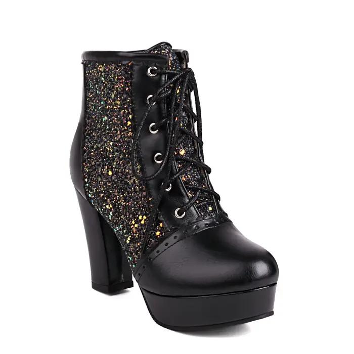 Bottes de rinçage à lacets à paillettes cloutées pour femmes, chaussures à plateforme, talons hauts 