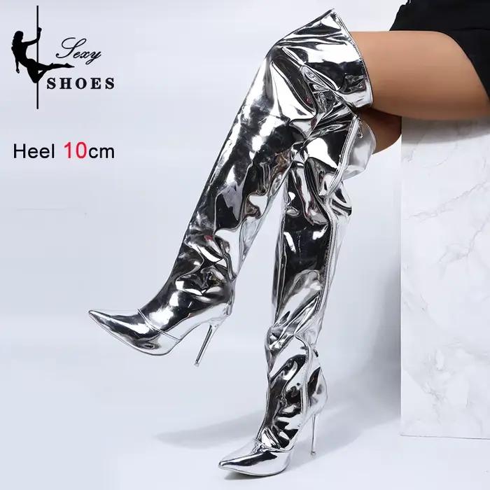Talons bottes longues femmes automne hiver sur le genou exy argent miroir cuissardes T Show bout poi