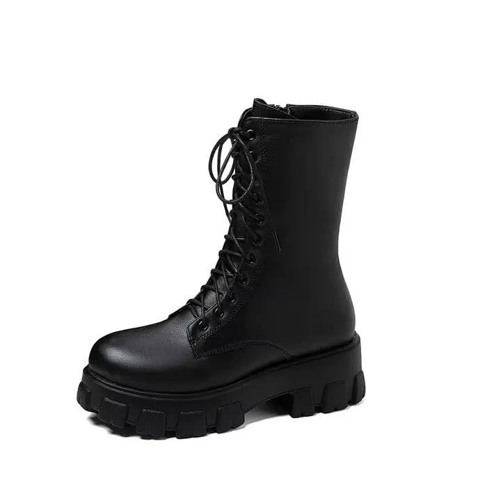 Bottes mi-mollet style anglais pour femme, plateforme, grande taille, printemps-automne