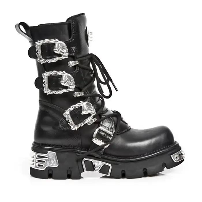 Nouvelles bottes de moto punk pour hommes, talon épais en métal, boucle tête de mort gothique, botte