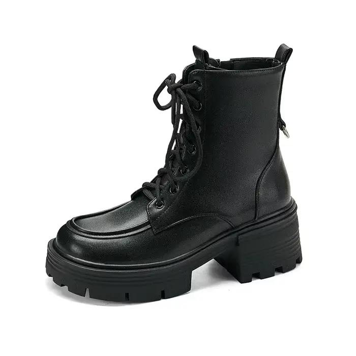 Bottines à talons hauts épais pour femmes, marron, noir, à lacets, peluche épaisse, chaude, doublure