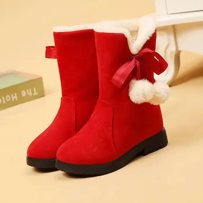 Bottes de neige chaudes en peluche pour filles, bottes rouges de Noël, chaussures en coton à fourrur