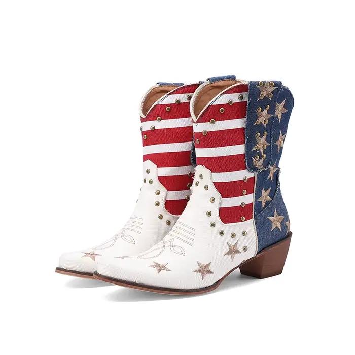 Bottes de cowboy occidentales pour femmes, chaussons USA Feel Rinse, chaussures à talons rayés, chau